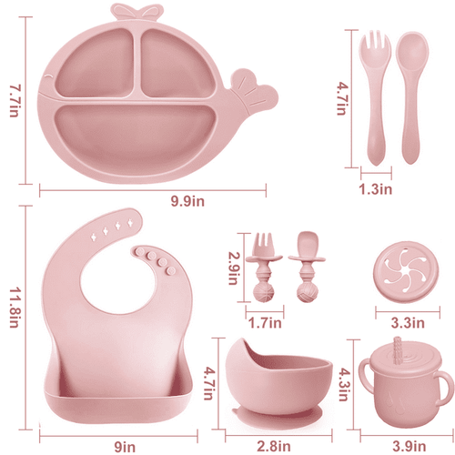 Soft Silicone Baby Feeding Set, Baby Weaning Set, Children's Cutlery Set with Adjustable Bib, Suction Cup Whale Divider Plate, Suction Cup Bowl, Stage 1 & 2 Spoon & Fork (Pink) EasyOptionXY LLC