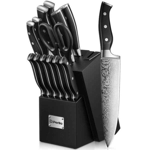 D.Perlla Knife Set, 14PCS German Stainless Steel Kitchen Knives Block Set with Built-in Sharpener, Black EasyOptionXY LLC