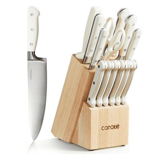 CAROTE 14 Pieces Knife Set with Wooden Block Stainless Steel Knives Dishwasher Safe with Sharp Blade Ergonomic Handle Forged Triple Rivet-Pearl White EasyOptionXY LLC