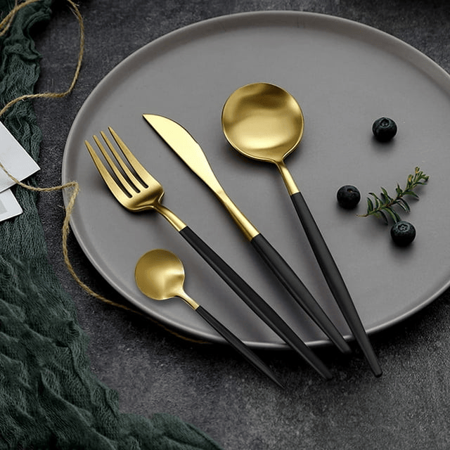 24-Piece Flatware Set, Gold Flatware Set for 6 , Black and Gold Flatware, Stainless Steel Knife Fork Spoon, Home Dinnerware Tableware Set for 6, Cutlery Set, Include Knives/Forks/Spoons Gold/Black EasyOptionXY LLC