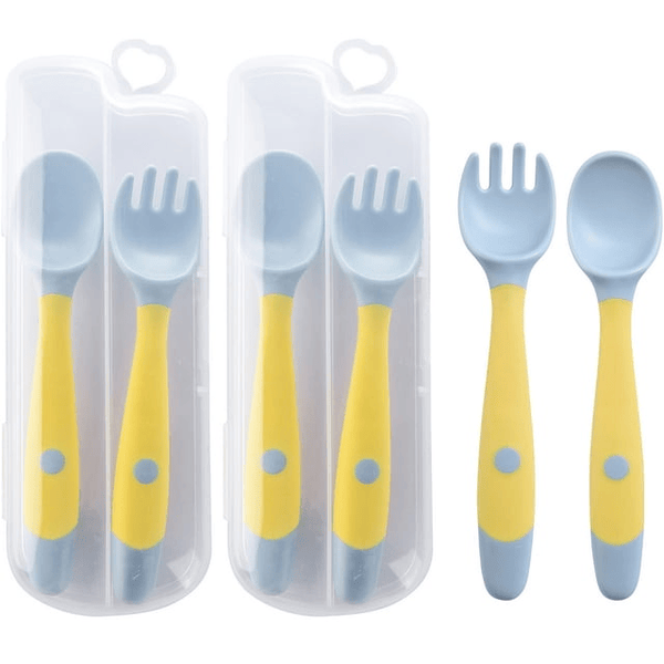 Silicone Baby Utensils Spoons Forks Sets with Travel Case - Easy Grip Toddler Feeding Training Utensil Set - First Stage of Self-Feeding for Baby - Toddler Utensils for Baby Led Weaning EasyOptionXY LLC