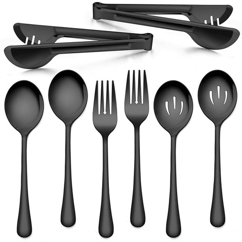 Walchoice 8 Pieces Serving Utensils Set, Stainless Steel Hostess Set, Includes Slotted Spoon/Serving Spoon/Serving Fork/Serving Tongs, Mirror Polished & Dishwasher Safe - Black EasyOptionXY LLC