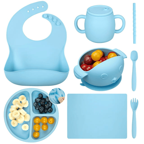 Sangdo Silicone Baby Feeding Set 7-Piece Baby Led Weaning Utensils Set Includes Suction Bowl and Plate, Baby Spoon and Fork, Bib, Sippy Cup with Straw, Blue EasyOptionXY LLC