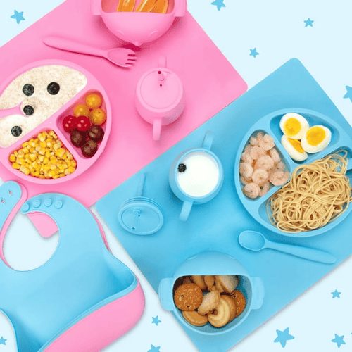 Sangdo Silicone Baby Feeding Set 7-Piece Baby Led Weaning Utensils Set Includes Suction Bowl and Plate, Baby Spoon and Fork, Bib, Sippy Cup with Straw, Blue EasyOptionXY LLC