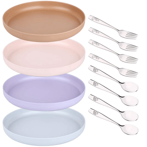 Bamboo Plates and Stainless Steel Silverware Set ¨C (12-Piece) 4 Plates 8 Inch, 4 Forks and 4 Spoons ¨C Eco-Friendly BPA Free, Self Feeding Dishwasher Safe Tableware Set for Preschooler Toddler and Kids EasyOptionXY LLC