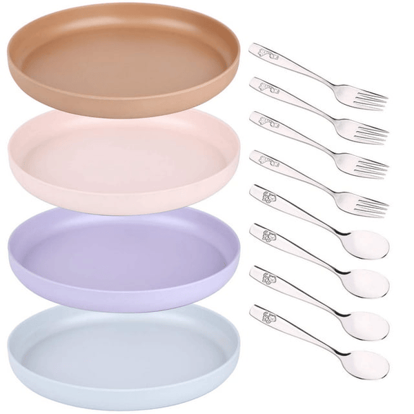 Bamboo Plates and Stainless Steel Silverware Set ¨C (12-Piece) 4 Plates 8 Inch, 4 Forks and 4 Spoons ¨C Eco-Friendly BPA Free, Self Feeding Dishwasher Safe Tableware Set for Preschooler Toddler and Kids EasyOptionXY LLC