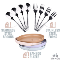 Bamboo Plates and Stainless Steel Silverware Set ¨C (12-Piece) 4 Plates 8 Inch, 4 Forks and 4 Spoons ¨C Eco-Friendly BPA Free, Self Feeding Dishwasher Safe Tableware Set for Preschooler Toddler and Kids EasyOptionXY LLC