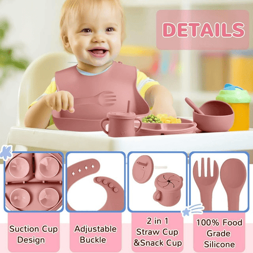 Silicone Baby Feeding Set, 9 Piece Baby Led Weaning Utensils Set Includes Suction Bowl and Plate, Baby Spoon and Fork, Sippy Cup with Straw, Baby Feeding Supplies Set EasyOptionXY LLC