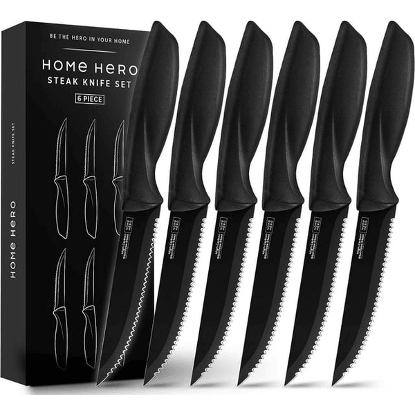 Home Hero - Steak Knives - Serrated Kitchen Steak Knives Set - Dishwasher Safe - 6 Pcs, Black EasyOptionXY LLC