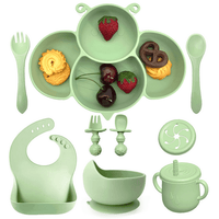 Soft Silicone Baby Feeding Set, Baby Weaning Set, Children's Cutlery Set with Adjustable Bib, Suction Cup Divider Tray, Suction Cup Bowl, Stage 1 and Stage 2 Spoon and Fork (Green) EasyOptionXY LLC