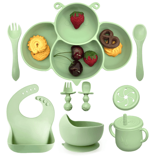 Soft Silicone Baby Feeding Set, Baby Weaning Set, Children's Cutlery Set with Adjustable Bib, Suction Cup Divider Tray, Suction Cup Bowl, Stage 1 and Stage 2 Spoon and Fork (Green) EasyOptionXY LLC
