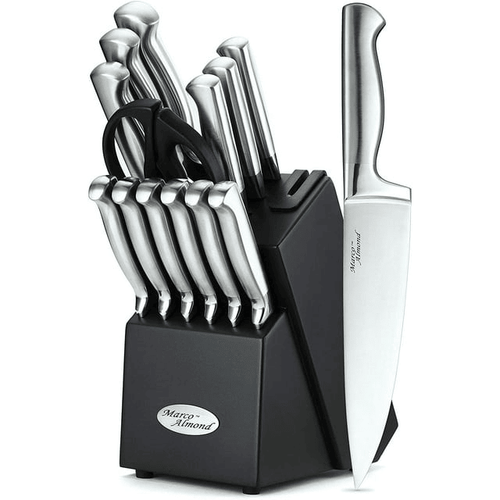 Marco Almond KYA28 14-Piece Stainless Steel Cutlery Kitchen Knife Set with Block,Built-in Sharpener EasyOptionXY LLC