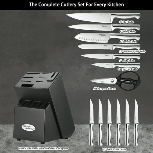 Marco Almond KYA28 14-Piece Stainless Steel Cutlery Kitchen Knife Set with Block,Built-in Sharpener EasyOptionXY LLC