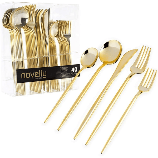 PLASTICPRO 40pc Disposable Gold Plastic Silverware Set with Spoons, Knives, Forks, and Teaspoons, Service for 8 EasyOptionXY LLC