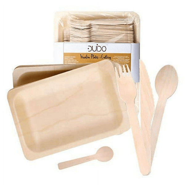 Disposable Wooden Cutlery Utensils Set ¨C (Pack of 270) 55 7.8-inch Plates 55 Forks 55 Knives 55 Spoons 50 Small Spoons Eco-Friendly Silverware Compostable Flatware Biodegradable Better T EasyOptionXY LLC