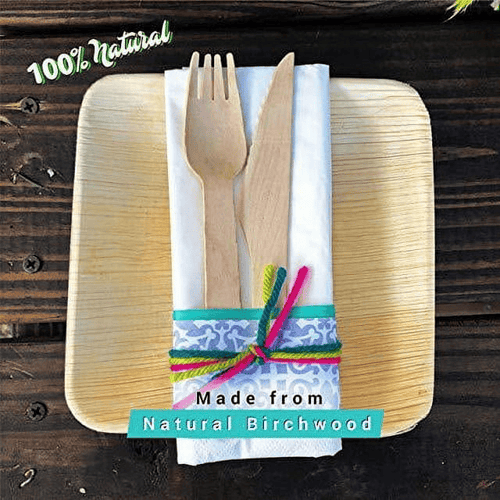 Disposable Wooden Cutlery Utensils Set ¨C (Pack of 270) 55 7.8-inch Plates 55 Forks 55 Knives 55 Spoons 50 Small Spoons Eco-Friendly Silverware Compostable Flatware Biodegradable Better T EasyOptionXY LLC