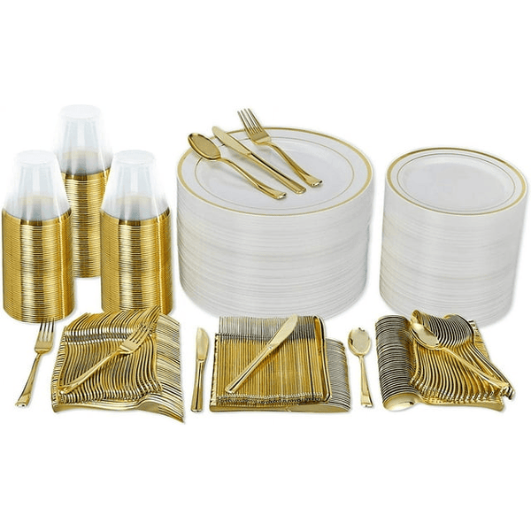 Prestee 600 Piece Gold Dinnerware Party Set (100 Guest), 100 Salad Gold Plates, 100 Gold Plastic Silverware Set, 100 Gold Cups Disposable Party Pack Wedding Birthday Parties EasyOptionXY LLC