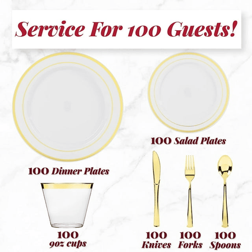 Prestee 600 Piece Gold Dinnerware Party Set (100 Guest), 100 Salad Gold Plates, 100 Gold Plastic Silverware Set, 100 Gold Cups Disposable Party Pack Wedding Birthday Parties EasyOptionXY LLC