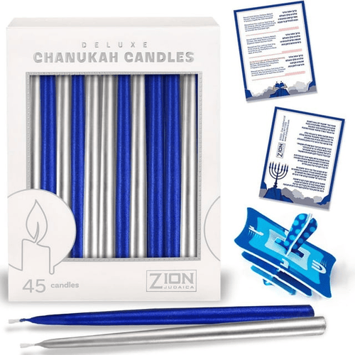 Zion Judaica Deluxe Chanukah Candles Set of 45 Metallic Blue & Silver Hand Dipped Hanukkah Candles with DIY Dreidel & Prayer Card Elegant Menorah Candle Set for Standard Menorahs Decorative Candles EasyOptionXY LLC