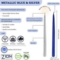 Zion Judaica Deluxe Chanukah Candles Set of 45 Metallic Blue & Silver Hand Dipped Hanukkah Candles with DIY Dreidel & Prayer Card Elegant Menorah Candle Set for Standard Menorahs Decorative Candles EasyOptionXY LLC