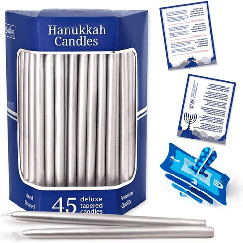 Aviv Judaica Premium Dripless Hanukkah Candles Metallic Silver Hand Dipped Candle Set of 45 Decorative Chanukah Flames Fits Standard Menorahs Product of Turkey DIY Dreidel & Prayer Card Included EasyOptionXY LLC