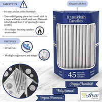 Aviv Judaica Premium Dripless Hanukkah Candles Metallic Silver Hand Dipped Candle Set of 45 Decorative Chanukah Flames Fits Standard Menorahs Product of Turkey DIY Dreidel & Prayer Card Included EasyOptionXY LLC