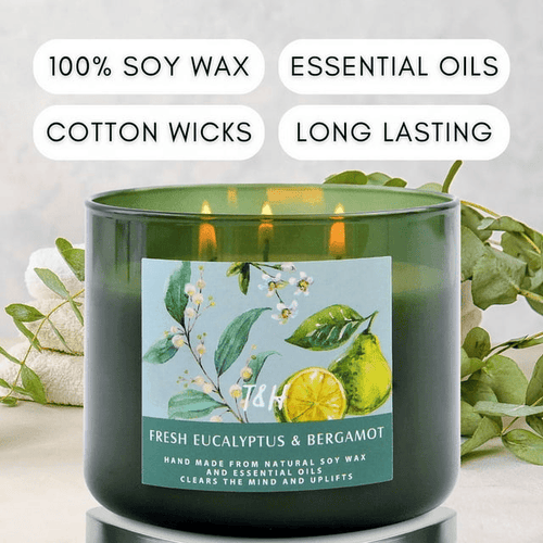 Fresh Eucalyptus Bergamot Candle 3 Wick | Natural Soy Wax Candle for Home, 15.8 Oz Large Aromatherapy Candle for Relaxation, Scented Candle for Women and Men, Luxury Candle Gift for Him and Her EasyOptionXY LLC