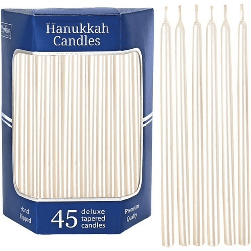 Aviv Judaica Premium Dripless Hanukkah Candles Thin Tapered Deluxe Pearl Candle Set of 45 Ultimate Elegance Standard Chanukah Menorah Candles Product of Turkey Includes DIY Dreidel, Prayer Card EasyOptionXY LLC