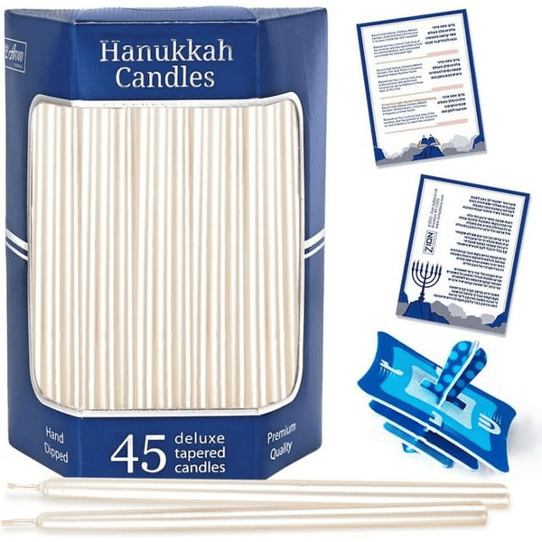 Aviv Judaica Premium Dripless Hanukkah Candles Thin Tapered Deluxe Pearl Candle Set of 45 Ultimate Elegance Standard Chanukah Menorah Candles Product of Turkey Includes DIY Dreidel, Prayer Card EasyOptionXY LLC