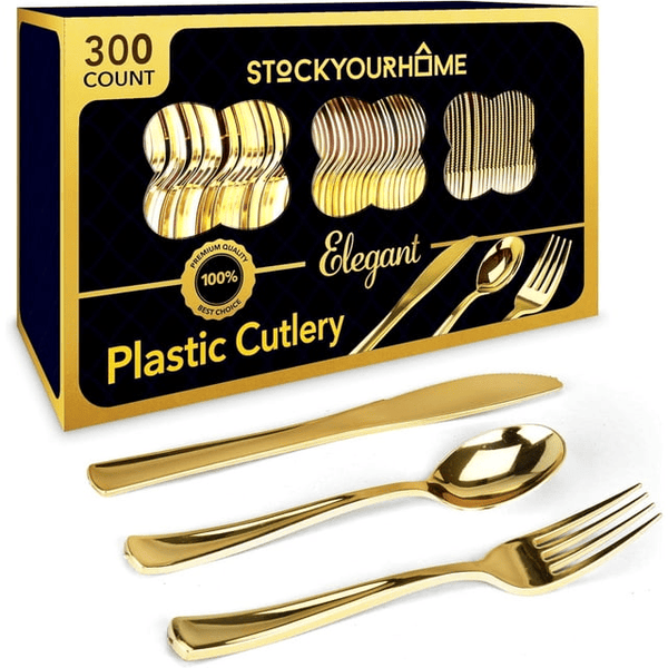 Disposable Gold Plastic Cutlery Set, 300 Total - Forks, Spoons, and Knives EasyOptionXY LLC
