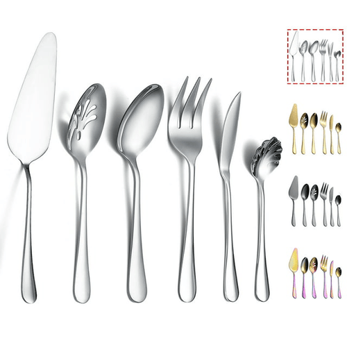 ReaNea Stainless Steel Silver Titanium Plated Flatware Serving Set 6 Pieces Silver Serving Silverware Set EasyOptionXY LLC