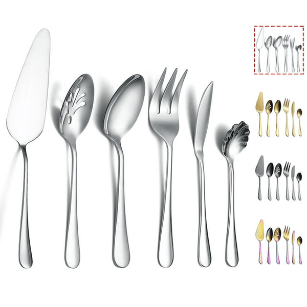 ReaNea Stainless Steel Silver Titanium Plated Flatware Serving Set 6 Pieces Silver Serving Silverware Set EasyOptionXY LLC