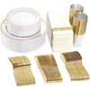 WDF Gold Plastic Plates with Gold Disposable Cutlery&Gold Plastic Cups- Napkins Sets 50Guest EasyOptionXY LLC