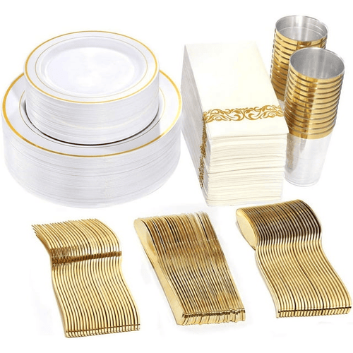 WDF Gold Plastic Plates with Gold Disposable Cutlery&Gold Plastic Cups- Napkins Sets 50Guest EasyOptionXY LLC