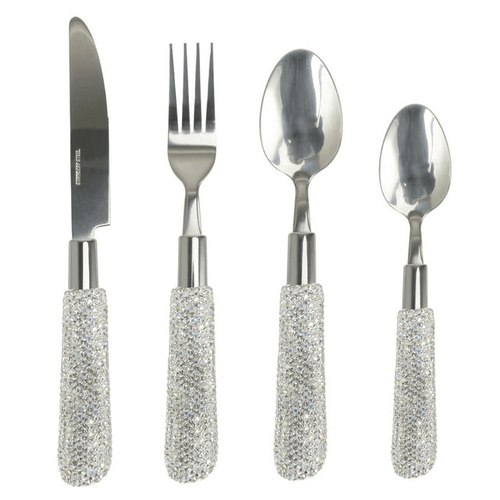 Bling Rhinestones Spoon Big and Small,Fork Set Stainless Steel 4 Pieces Flatware Cutlery Set Tableware Eating Utensil (White) EasyOptionXY LLC