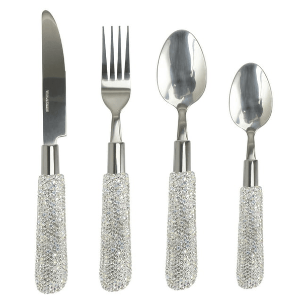 Bling Rhinestones Spoon Big and Small,Fork Set Stainless Steel 4 Pieces Flatware Cutlery Set Tableware Eating Utensil (White) EasyOptionXY LLC