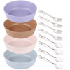 Bamboo Bowls and Stainless Steel Silverware Set ¨C (12-Piece) 4 Kids Bowls, 4 Forks and 4 Spoons ¨C Eco-Friendly BPA Free ¨C Self Feeding Dishwasher Safe Tableware Cutlery Dinnerware EasyOptionXY LLC