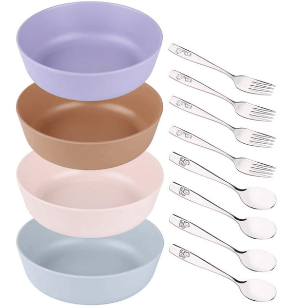 Bamboo Bowls and Stainless Steel Silverware Set ¨C (12-Piece) 4 Kids Bowls, 4 Forks and 4 Spoons ¨C Eco-Friendly BPA Free ¨C Self Feeding Dishwasher Safe Tableware Cutlery Dinnerware EasyOptionXY LLC