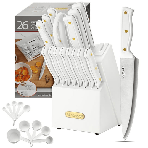 Knife set For Kitchen with Block,McCook MC703 White Kitchen Knife Sets with Built-in Sharpener,Cutlery set with Measuring Cups and Spoons For Cooking,26pcs EasyOptionXY LLC