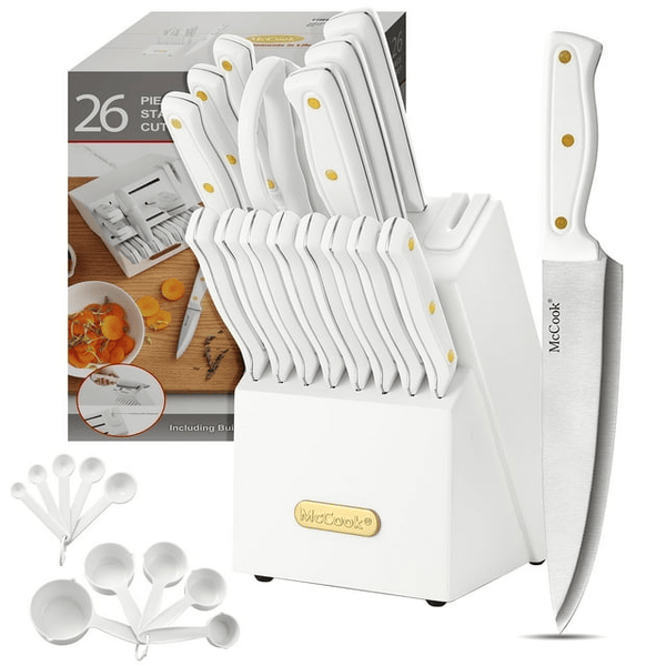 Knife set For Kitchen with Block,McCook MC703 White Kitchen Knife Sets with Built-in Sharpener,Cutlery set with Measuring Cups and Spoons For Cooking,26pcs EasyOptionXY LLC