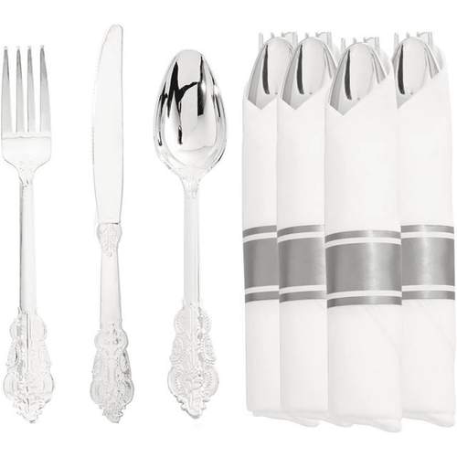 WDF Silver Plastic Silverware with Pre Rolled Napkins-90PCS Silver Disposable Cutlery EasyOptionXY LLC