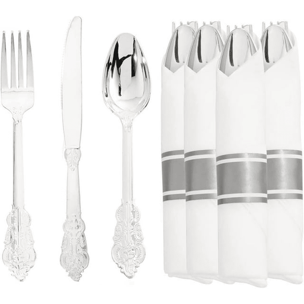 WDF Silver Plastic Silverware with Pre Rolled Napkins-90PCS Silver Disposable Cutlery EasyOptionXY LLC