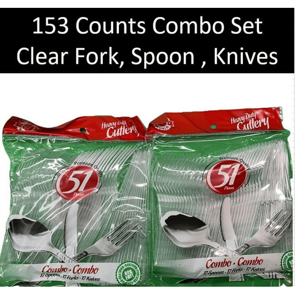 Heavy Duty Clear Cutlery Disposable Plastic Combo Set Forks, Spoons, Knives 153 Count 3 Pack Perfect for Party EasyOptionXY LLC