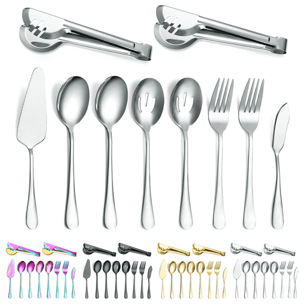 ReaNea Silver Flatware Serving Set of 10 Pieces,Silverware Serving Utensils Large Spoon Set EasyOptionXY LLC