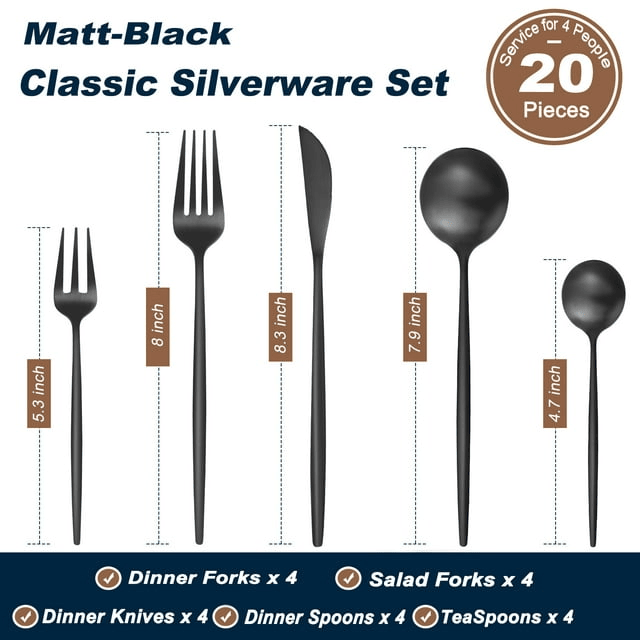 Bestdin Silverware Set, 20-Piece Stainless Steel Flatware set, Tableware Cutlery Set Service for 4, Utensils for Kitchens, Dishwasher Safe, Black EasyOptionXY LLC