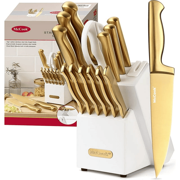 McCook MC21G Knife Sets,15 Pieces Golden Titanium Kitchen Knife Block Sets with Built-in Sharpener EasyOptionXY LLC