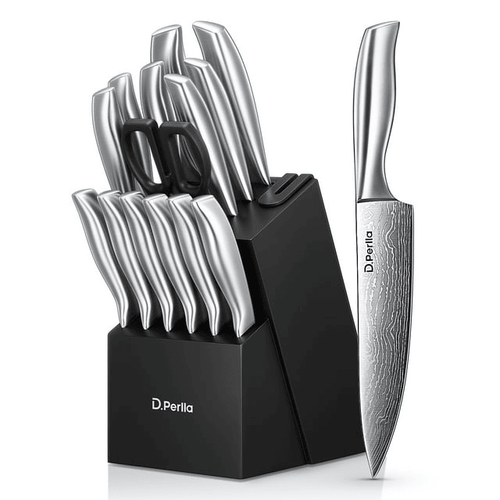 D.Perlla Knife Set , 15 Pieces Stainless Steel Hollow Handle Kitchen Cutlery Set with with Built in Knife Sharpener Block EasyOptionXY LLC