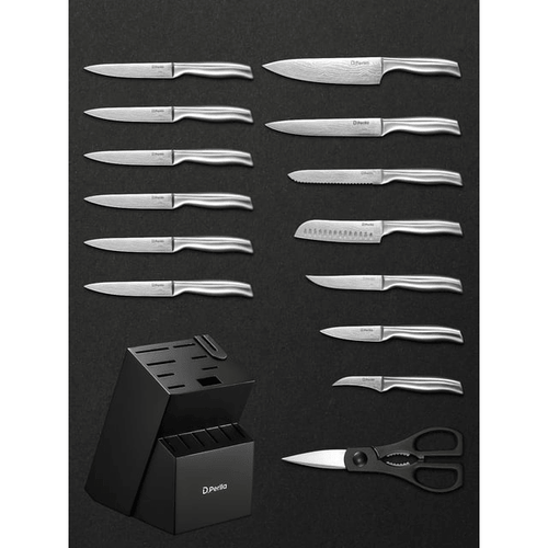 D.Perlla Knife Set , 15 Pieces Stainless Steel Hollow Handle Kitchen Cutlery Set with with Built in Knife Sharpener Block EasyOptionXY LLC