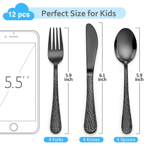 Vesteel 9-Piece Kids Hammered Silverware Set, Stainless Steel Preschooler Eating Flatware Utensils - Black EasyOptionXY LLC