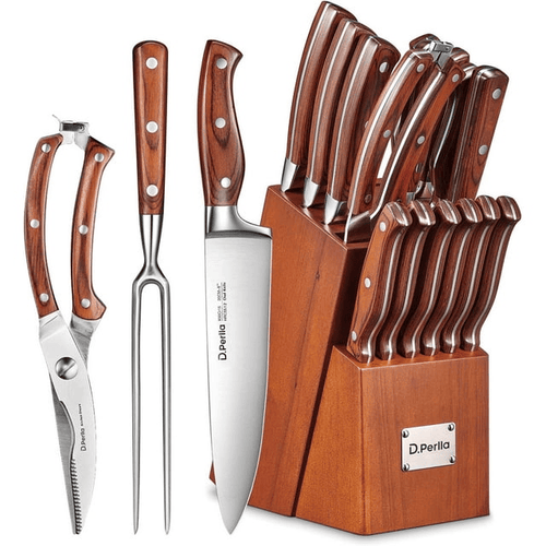 Knife Block Set, D.Perlla 16 Pieces German Stainless Steel Professional Kitchen Knife Set with Carving Fork EasyOptionXY LLC
